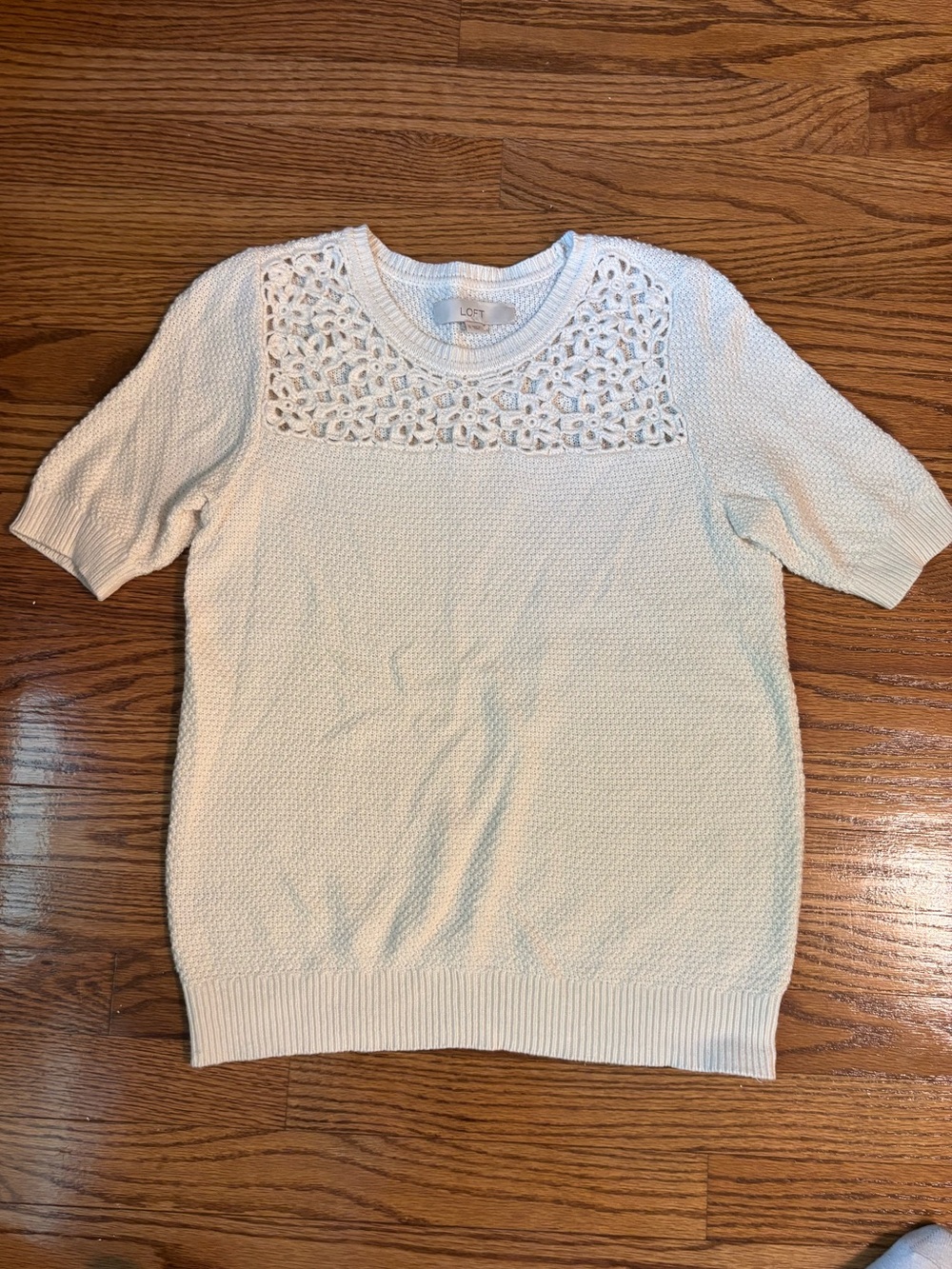 LOFT Cream Crochet Yoke Short Sleeve Cotton Sweater Size S